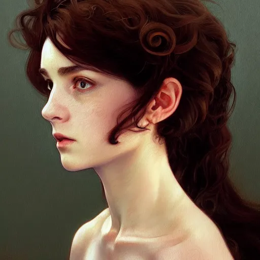 Image similar to portrait of a welsh teenage girl with brown hair, glowing skin, delicate features, amelie poulain, fantasy, intricate, elegant, dress shirt, highly detailed, digital painting, artstation, concept art, smooth, sharp focus, illustration, art by Krenz Cushart and Artem Demura and alphonse mucha