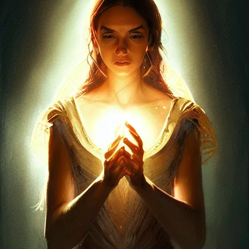Image similar to Portrait of a light being, radiant, glowing light, filaments of light everywhere, intricate, cinematic lighting, highly detailed, digital painting, artstation, concept art, smooth, sharp focus, illustration, art by Artgerm and Greg Rutkowski, Cgsociety