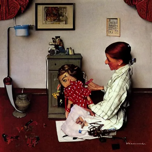 Prompt: woman with the magical ability to give life to the dolls she makes, by norman rockwell