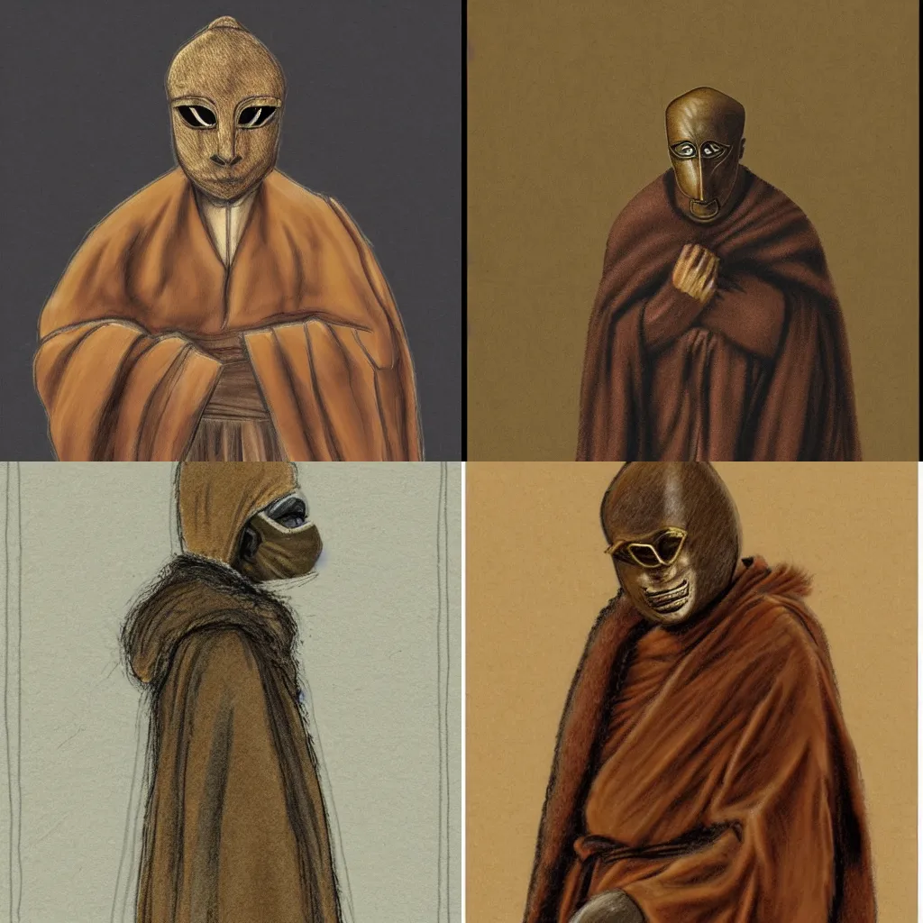 Prompt: a monk in fur cloak with a bronze mask sketch