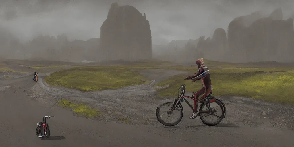 Image similar to A digital painting by Simon Stålenhag of a person on a touring bike on a gravel road of Iceland. The bike has a rack with saddlebags mounted. Around the road there are monumental old ruins tower of a dark misty forest,overcast, sci-fi