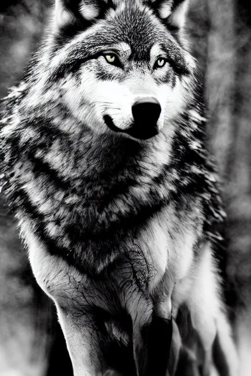 Image similar to wolf animal, film noir style, cinematic, black and white