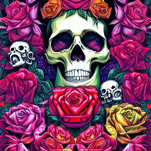 Prompt: ortographic view of large skulls and vivid roses by Jen Bartel and Dan Mumford and Satoshi Kon, gouache illustration