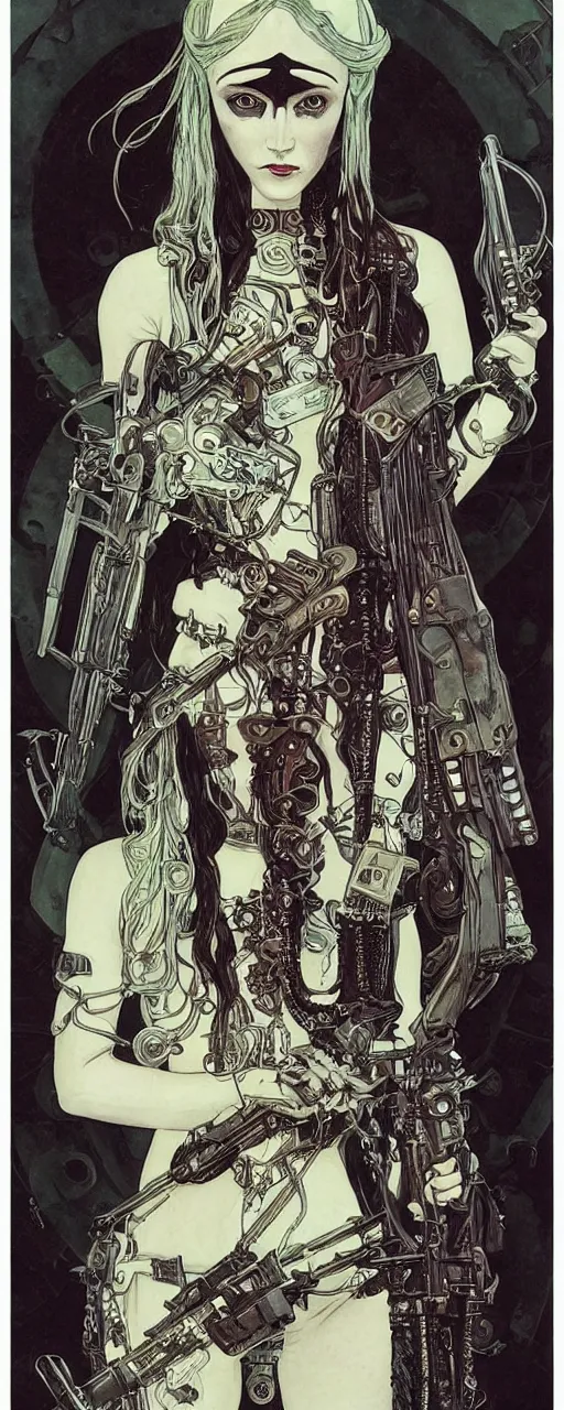 Prompt: beautiful stunning sci - fi art nouveau portrait of wednesday addams as a mad max style thrashpunk rebel soldier by michael kaluta, moebius and alphonse mucha, photorealism, extremely hyperdetailed, perfect symmetrical facial features, perfect anatomy, ornate declotage, weapons, circuitry, high technical detail, determined expression, piercing gaze