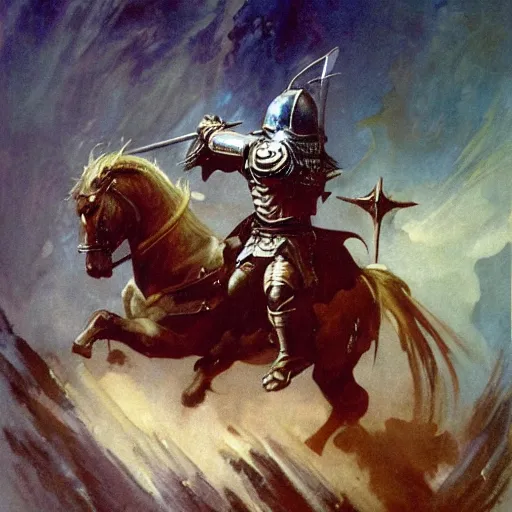 Image similar to fantasy painting by Frank Frazetta portraying a knight in armor,wielding a sword,high quality,beautiful,detailed