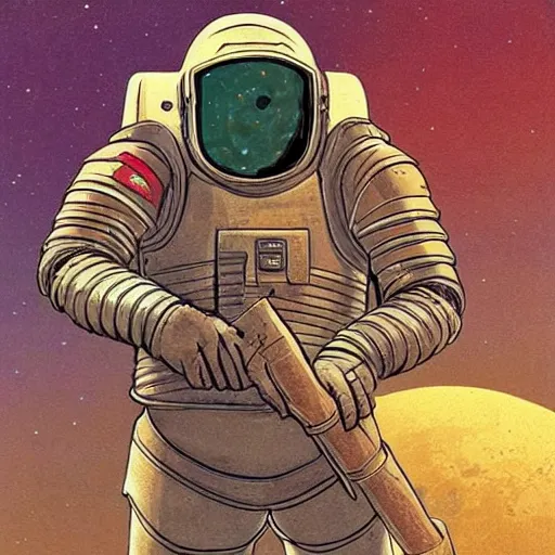 Prompt: a crusader knight in middle age armor on the moon in the style of no man's sky, styles : cloisonnism, syd mead, moebius