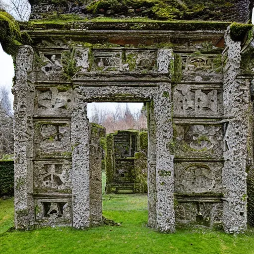 Prompt: an intricate, delicate tracery of stone, forming a beautiful ancient monument, slowly being covered by moss and lichen