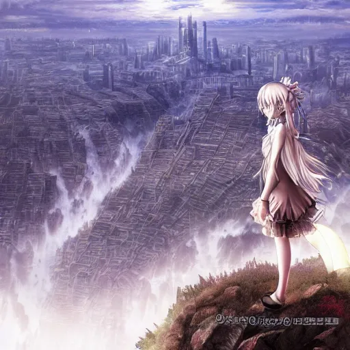 Image similar to dressed evil anime girl looking from the edge of the mountain on the giant city below, midnight, trending on artstation, highly detailed, kentaro miura artstyle