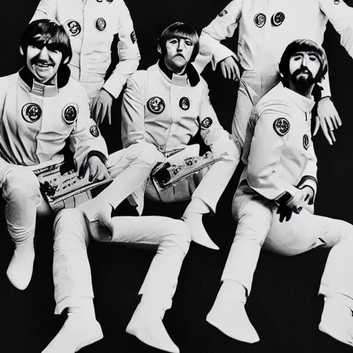 Prompt: the beatles as astronauts, black and white photo, high quality, epic, cinematic, heroes