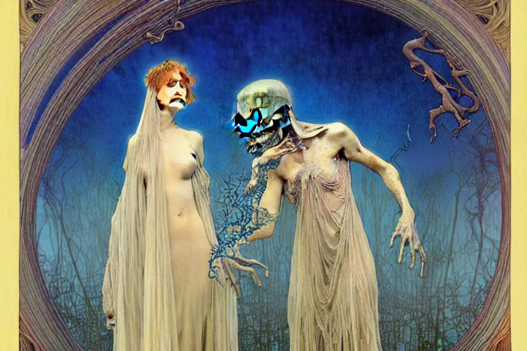 Prompt: realistic detailed portrait painting of a beautiful ghost woman with a male zombie, nightly graveyard landscape background by Jean Delville, Amano, Yves Tanguy, Alphonse Mucha, Ernst Haeckel, Edward Robert Hughes, Roger Dean, rich moody colours, blue eyes