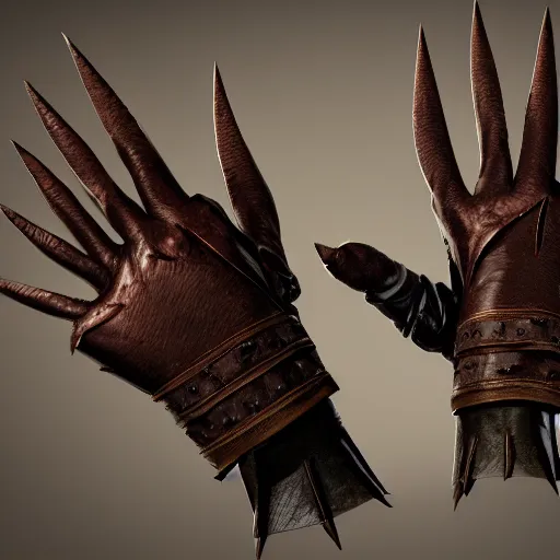 Image similar to gloves with metal claws, old leather gloves with attached talons, pointy fingertips, dark background, highly detailed, 8 k, trending on artstation, mystic, rpg artwork, by peter jackson, by sauron