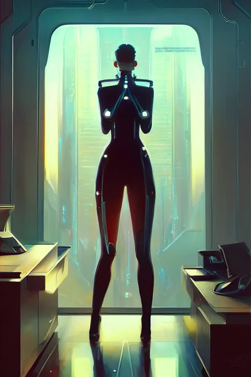 Image similar to futuristic office, cyberpunk, painting by greg rutkowski, j. c. leyendecker, artgerm