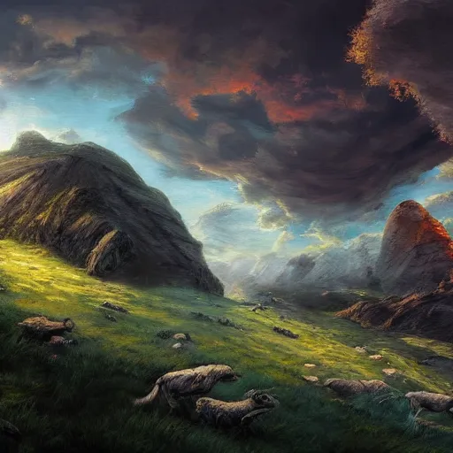 Prompt: fantasy book cover painting, dramatic shot of a lively landscape in the country, ultradetailed, wallpaper, 4k, prismatic