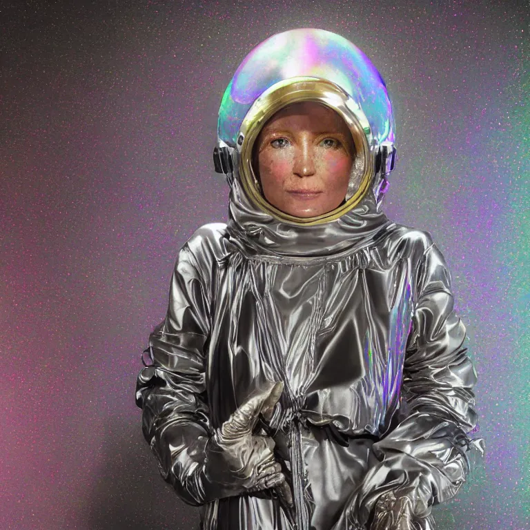 Image similar to octane render portrait by wayne barlow and carlo crivelli and glenn fabry, subject is a woman covered in tie - dye aluminum foil space suit with a iridescent metallic space helmet, inside a dark gothic rococo palace, cinema 4 d, ray traced lighting, very short depth of field, bokeh