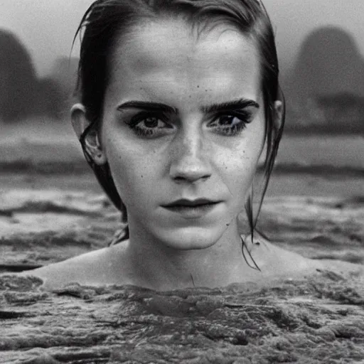 Image similar to film still, close up, emma watson rising out of muddy vietnam river, face covered in mud, low camera angle at water level, night time, film still from apocalypse now ( 1 9 7 9 ), 2 6 mm