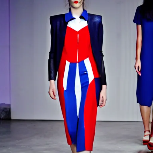 Image similar to dystopian business fashion incorporating red white and blue, brutalist fashion show