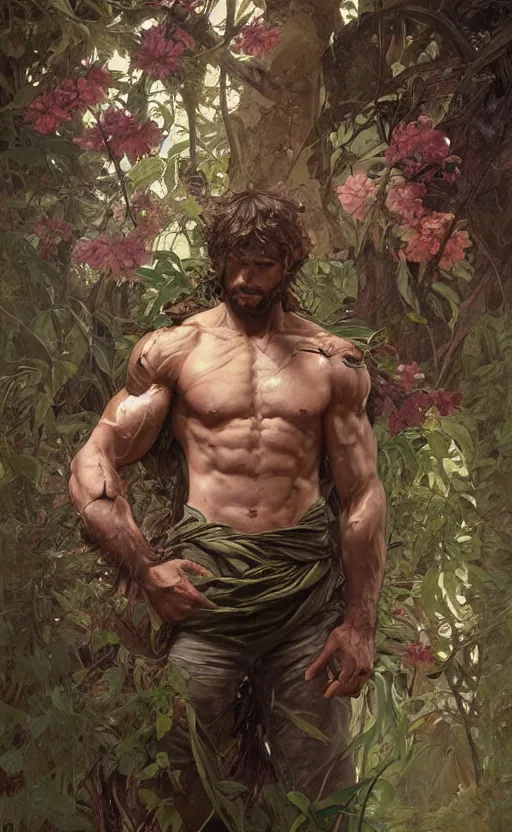 Image similar to god of the forest, 3 0 years old, rugged, male, gorgeous, detailed face, amazing, thighs!!!!!!, flowers, muscular, intricate, highly detailed, digital painting, artstation, concept art, sharp focus, illustration, art by greg rutkowski and alphonse mucha