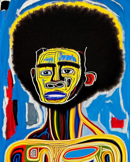 Image similar to A extremely ultra highly detailed majestic hi-res beautiful immaculate head and shoulders award winning painting stunning masterpiece of the face of a strong black african warrior man with an afro by Jean-Michel Basquiat, 8k, high textures, ultra hyper sharp, insanely detailed and intricate, super detailed, 8k HDR ultra high quality