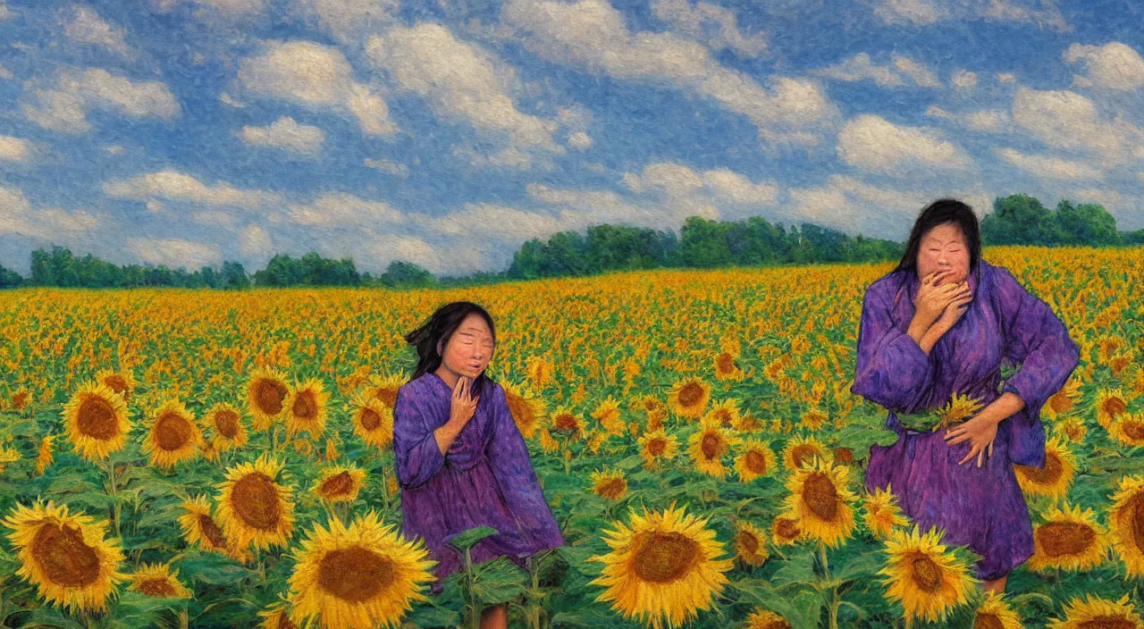 Prompt: impressionist style painting of asian woman crying with hands on broken back, field of sunflowers, overcast weather