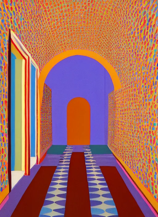 Image similar to a hockney painting of a hallway with round arches decorated by wes anderson