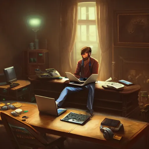 Image similar to realistic rich man using laptop in gaming room, artstation trends, future concept art, highly detailed, intricate, sharp focus, digital art, 8 k