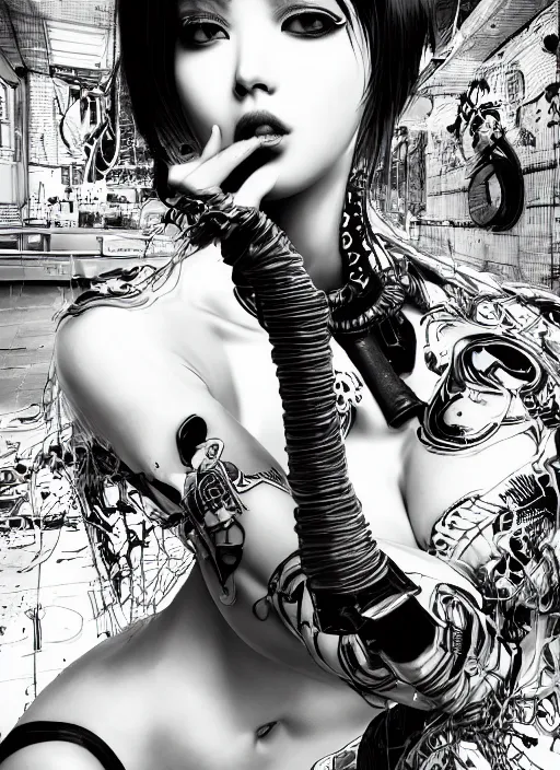 Prompt: girl drinks monster energy, elegant, sophisticated, fashionable cyberpunk gravure idol, an ultrafine hyperdetailed illustration by kim jung gi, irakli nadar, intricate linework, bright colors, porcelain skin, unreal engine 5 highly rendered, fashion photography, global illumination, radiant light, detailed and intricate environment