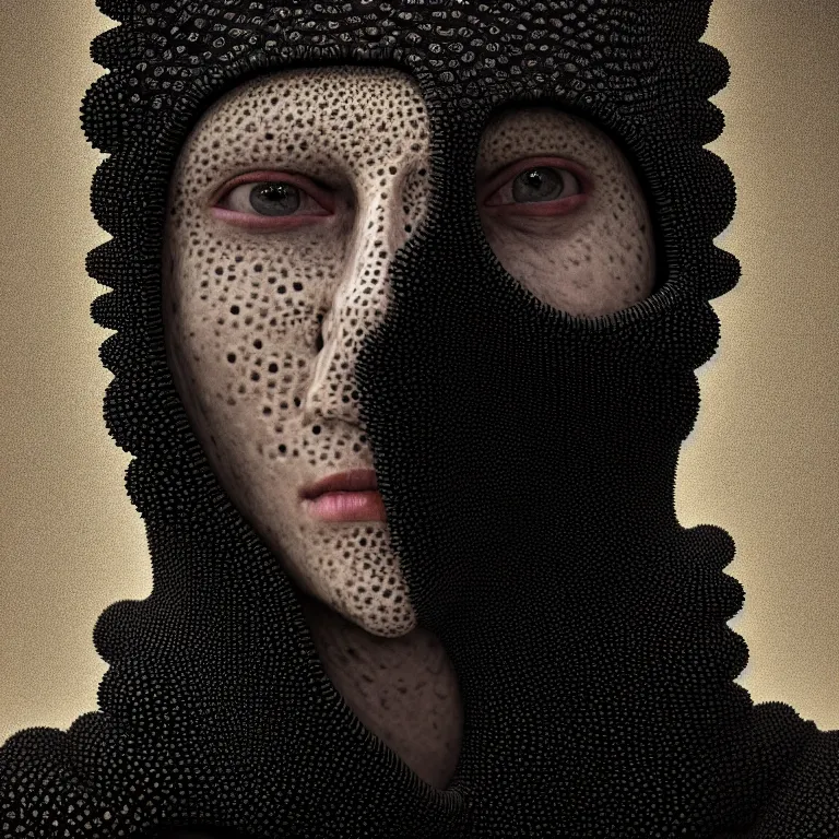 Image similar to portrait of beautiful man wearing black ribbed trypophobia black mask covered with ribbed spinal tubes, wastelands, baroque painting, beautiful intricate insanely detailed octane render, artstation, 8 k artistic harsh flash photography, photorealistic, volumetric perfect light, chiaroscuro, beeple, annie liebovitz, raphael, caravaggio, rutkowski