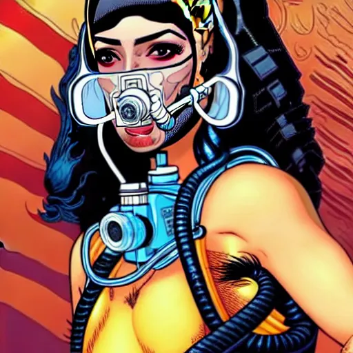 Image similar to a profile photo of a egyptian woman with a diving oxygen mask with side profile blood in ocean intricate details by MARVEL comics and Sandra Chevrier-C