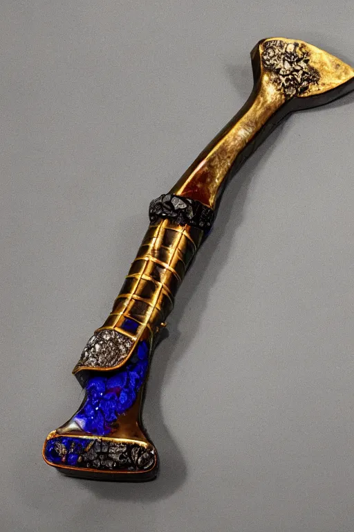 Image similar to a steel axe, of the highest quality. it is encrusted with blue garnet and encircled with bands of gold.