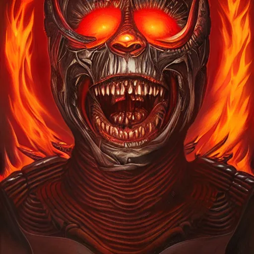 Prompt: doom demon giger portrait, fire and flame, teeth, Pixar style, by Tristan Eaton Stanley Artgerm and Tom Bagshaw.