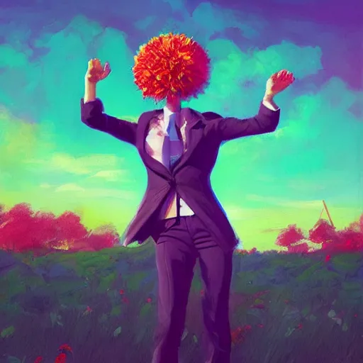 Image similar to portrait, giant rose flower head, girl dancing in a suit, surreal photography, sunrise, blue sky, dramatic light, impressionist painting, digital painting, artstation, simon stalenhag