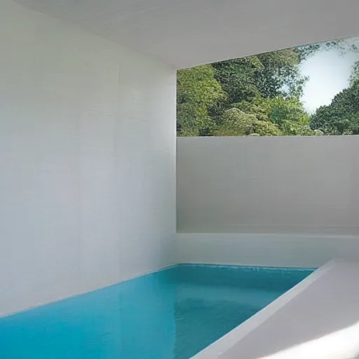 Image similar to “Dream Pool in rooms of white ceramic tile, sunlight coming in from windows with a blue sky”