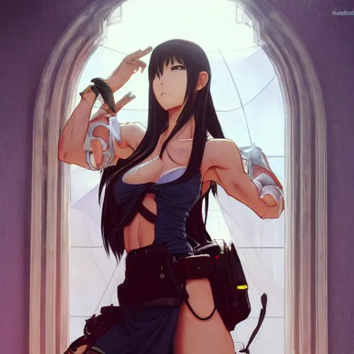 Image similar to highly detailed vfx portrait of tifa lockhart by eiichiro oda, makoto shinkai, alphonse mucha, sharp focus, art by artgerm and greg rutkowski!, backlit, harsh overhead sunlight, blue eyes!!, aquiline nose!!, stanley kybric, kaoru mori, hyper detailed, smooth pixiv, fanbox