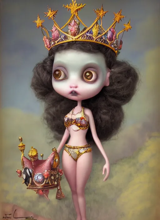 Image similar to highly detailed closeup, profile portrait of a tin toy goth fairytale princess wearing a crown, bikini, unreal engine, nicoletta ceccoli, mark ryden, earl norem, lostfish, global illumination, detailed and intricate environment