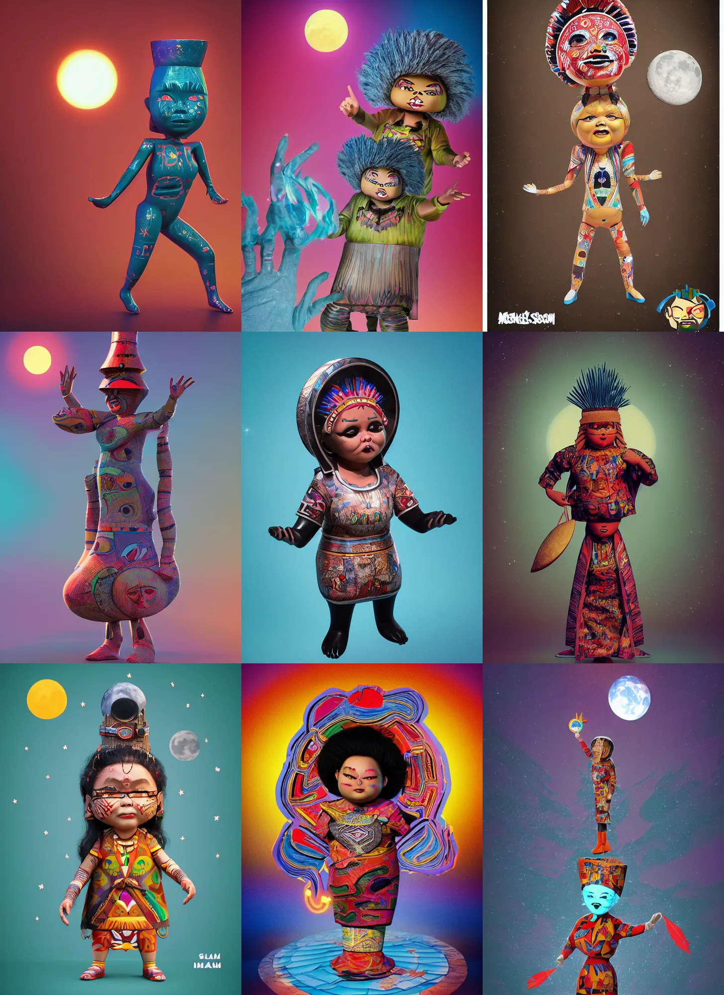 Prompt: a funny diagram poster artwork, garbage pail kids style, of a futuristic woman selk'nam, dancing with the soul of the moon, aboriginal capirote, plastic toy, sculpture, dmt, irisdicense, houdini algorithmic generative render, sharp focus, cinematic lighting, octane render 8 k