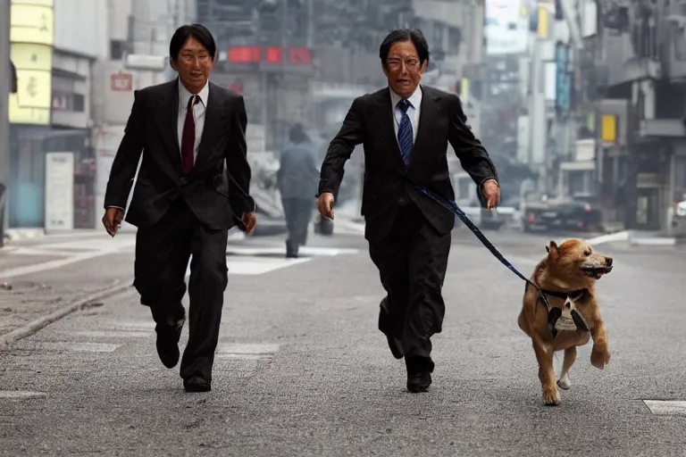 Image similar to cinematography action movie closeup portrait of a Japanese business man carrying his dog running from an explosion in Tokyo by Steven Spielberg