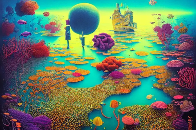 Image similar to surreal glimpse into other universe, new york under the sea, summer morning, very coherent and colorful high contrast, art by!!!! gediminas pranckevicius!!!!, geof darrow, floralpunk screen printing woodblock, dark shadows, hard lighting, stipple brush technique,