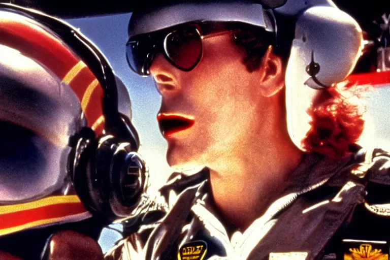 Prompt: ronald mcdonald in top gun ( 1 9 8 6 ), cinematic lighting, high contrast, 4 k hdr imax cinematography by roger deakins, award winning shot, beautiful composition, principal photography, vfx action shot