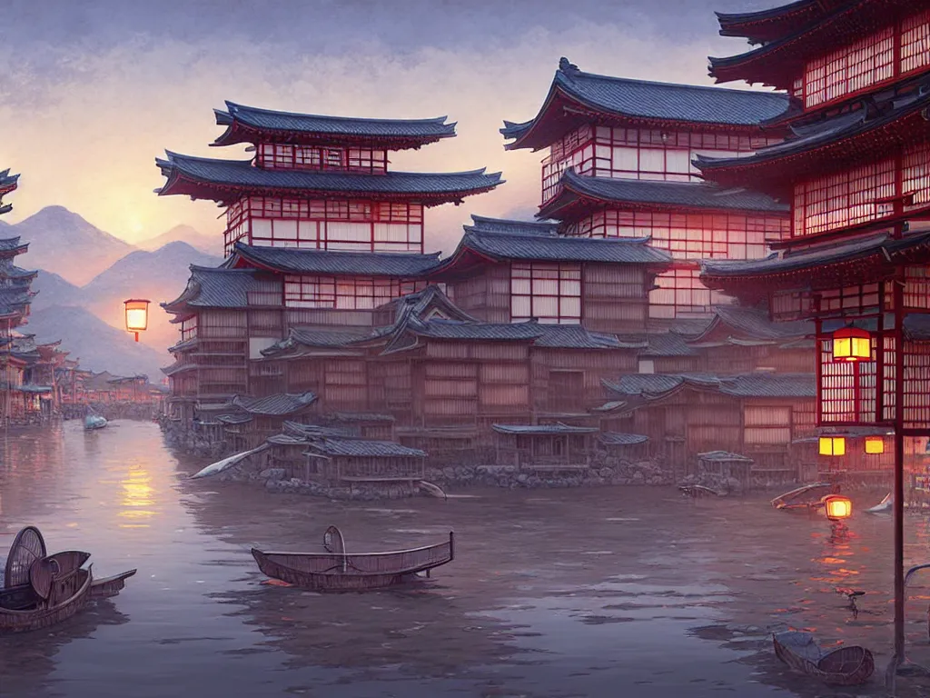 Image similar to old japanese town viewed from harbor, d & d digital painting, ultra realistic, beautiful, volumetric lighting, warm colors advance, cell shading, by james jean, greg rutkowski,