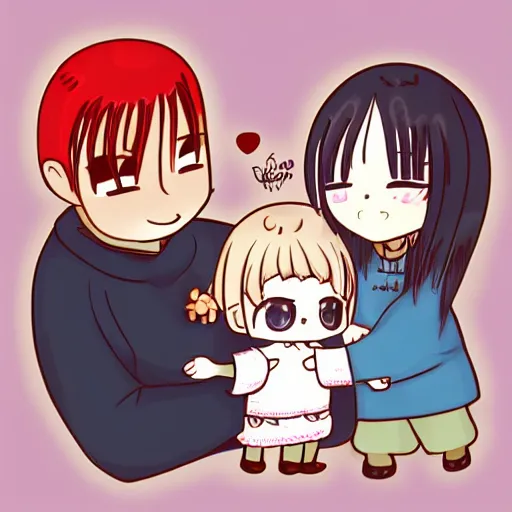 Prompt: a chibi mum with a chibi dad hugging their chibi daugher