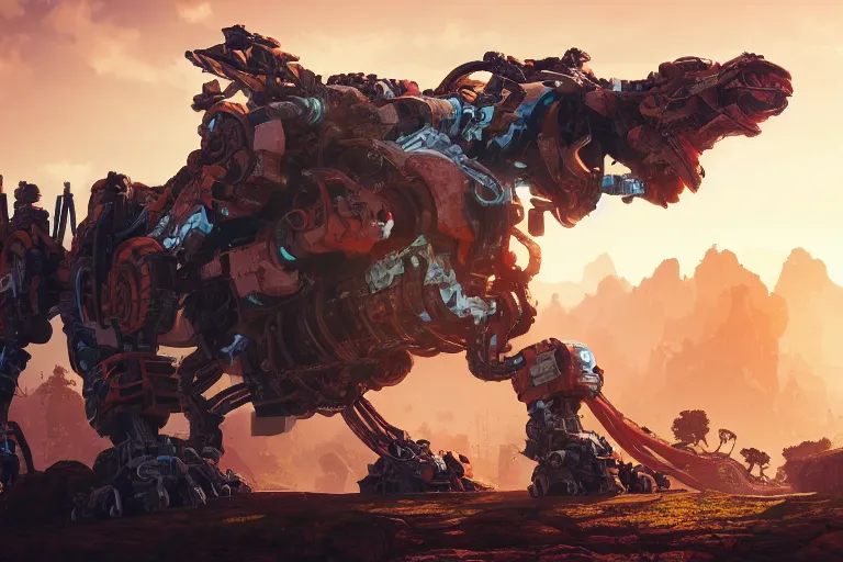 Image similar to rockbreaker machine mecanical creature robot of horizon forbidden west horizon zero dawn radiating a glowing aura global illumination ray tracing hdr fanart arstation by ian pesty and alena aenami artworks in 4 k