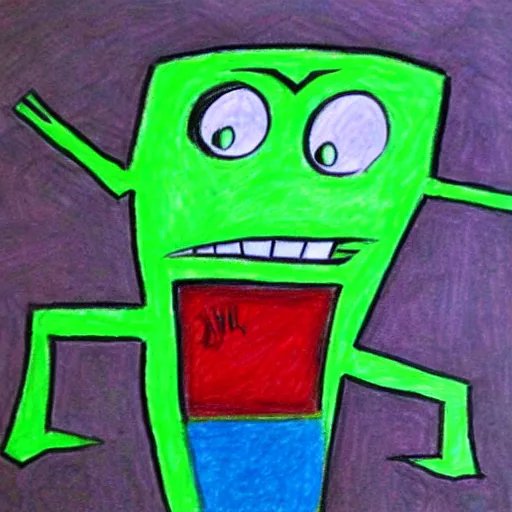 Image similar to a children's drawing of invader zim, crayon, paper,