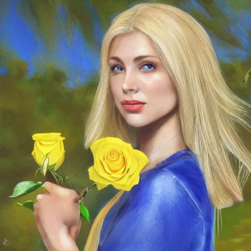 Image similar to blonde haired woman wearing white clothes holding a yellow rose, highly detailed, 4k