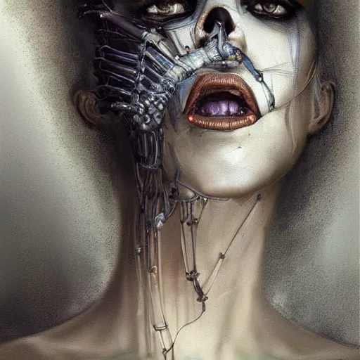 Image similar to surreal portrait of a woman by Greg Rutkowski and H.R Giger, a woman with a kind of visor, transformed into a kind of biomechanical transhuman goddess, disturbing, terrifying but fascinating, cosmic void background, frightening, fascinating, highly detailed portrait, digital painting, book cover, artstation, concept art, smooth, sharp foccus ilustration, Artstation HQ.