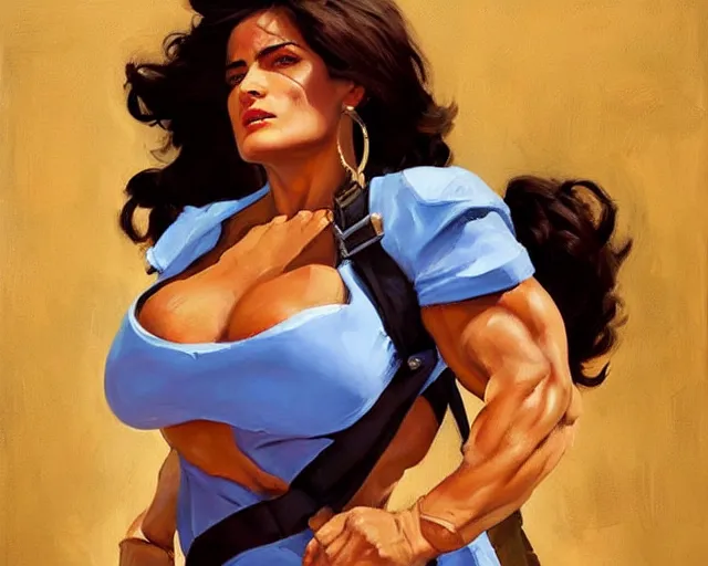 Image similar to greg manchess portrait painting of smug salma hayek as beautiful thick female bodybuilder zarya from overwatch, medium shot, asymmetrical, profile picture, organic painting, sunny day, matte painting, bold shapes, hard edges, street art, trending on artstation, by huang guangjian and gil elvgren and sachin teng