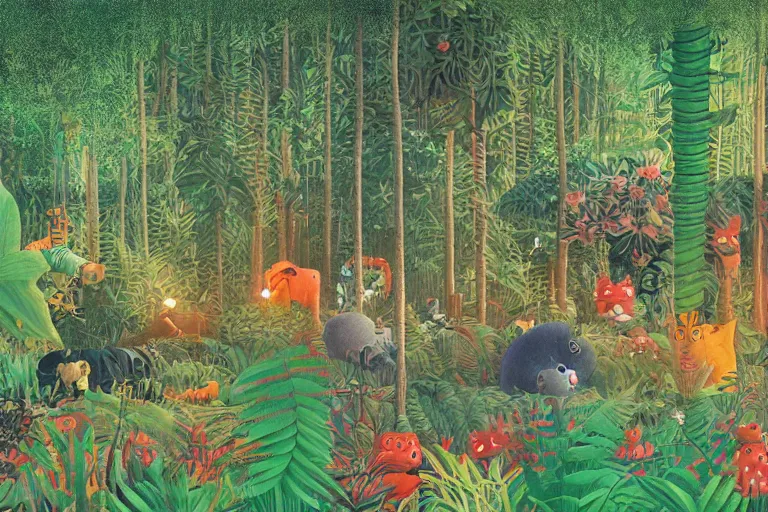 Image similar to night jungle, forest, stars, highly detailed, glitch on animals, unreal engine render concept art, style of henri rousseau and richard scarry and hiroshi yoshida