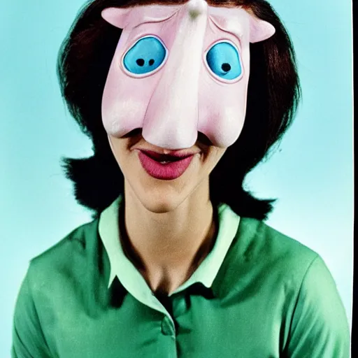 Prompt: woman with a nostril face, long snout, 1974 wacky live-action children's television show, technicolor film