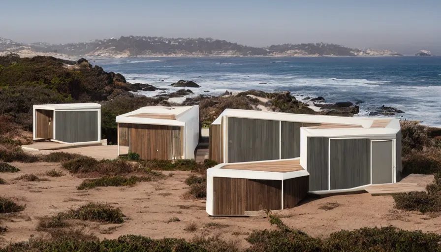 Image similar to An architectural rending of an eco-community neighborhood of innovative contemporary 3D printed sea ranch style cabins with rounded corners and angles, beveled edges, made of cement and concrete, organic architecture, on the California coastline with side walks, parks and public space , Designed by Gucci and Wes Anderson, golden hour