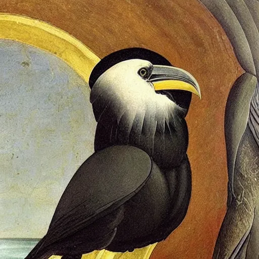 Prompt: high quality oil painting by botticelli, a raven bird standing on an open scallop shell