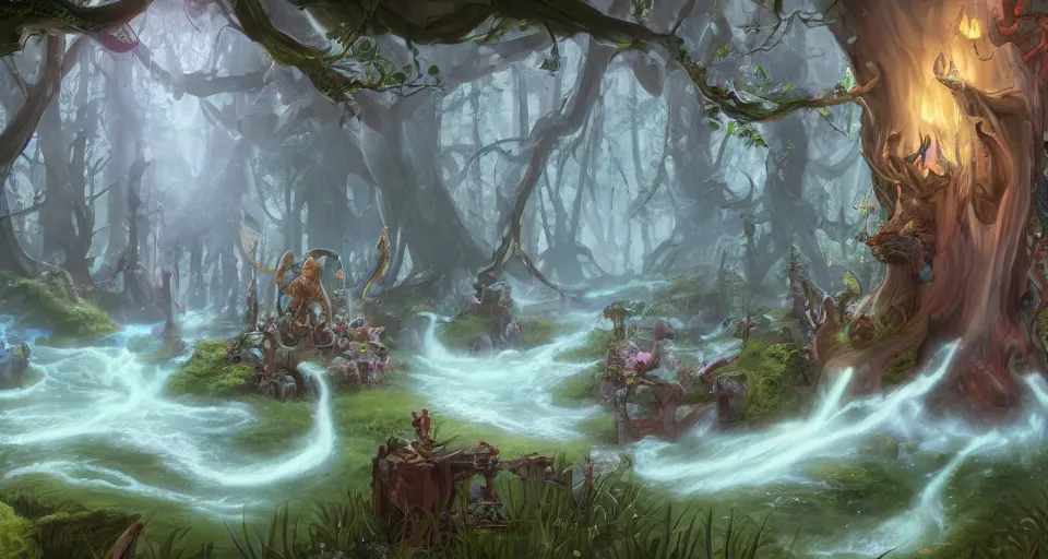 Prompt: Enchanted and magic forest, by Blizzard Concept Artists